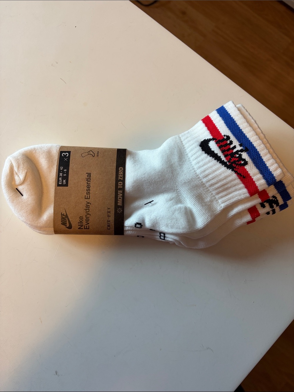 Nike White Crew Athletic Socks with Red & Blue Stripes